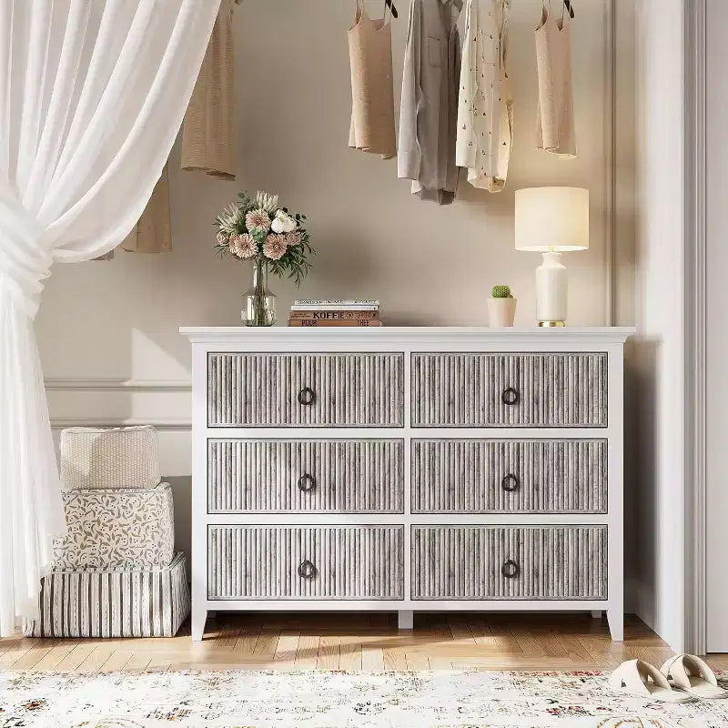 Commode Acekool à 6 tiroirs cannelés, commode ondulée avec poignées métalliques, armoire de rangement moderne pour chambre à coucher, salon, kit anti-basculement