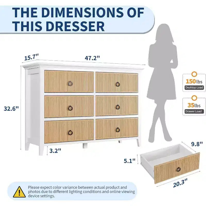 Commode Acekool à 6 tiroirs cannelés, commode ondulée avec poignées métalliques, armoire de rangement moderne pour chambre à coucher, salon, kit anti-basculement