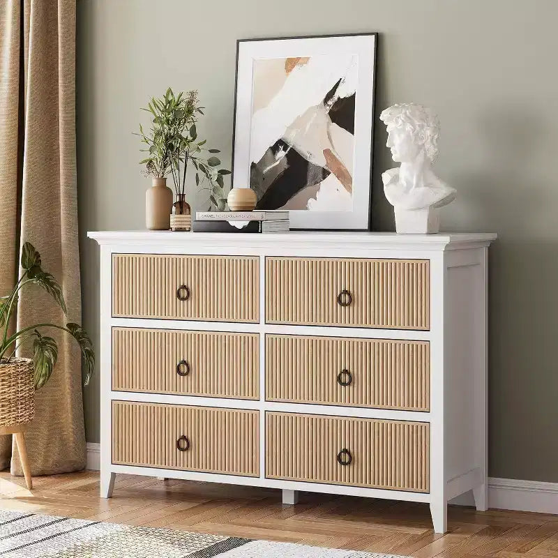 Acekool 6-Drawer Fluted Dresser, Waveform Chest with Metal Handles, Modern Storage Cabinet for Bedroom, Living Room, Anti-Tip Kit