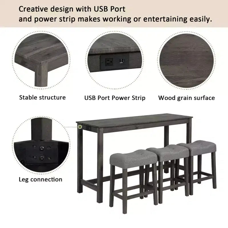 Ensemble de table à manger 4 pièces, table et chaises de bar, ensemble de table de bar avec 3 tabourets rembourrés, marron