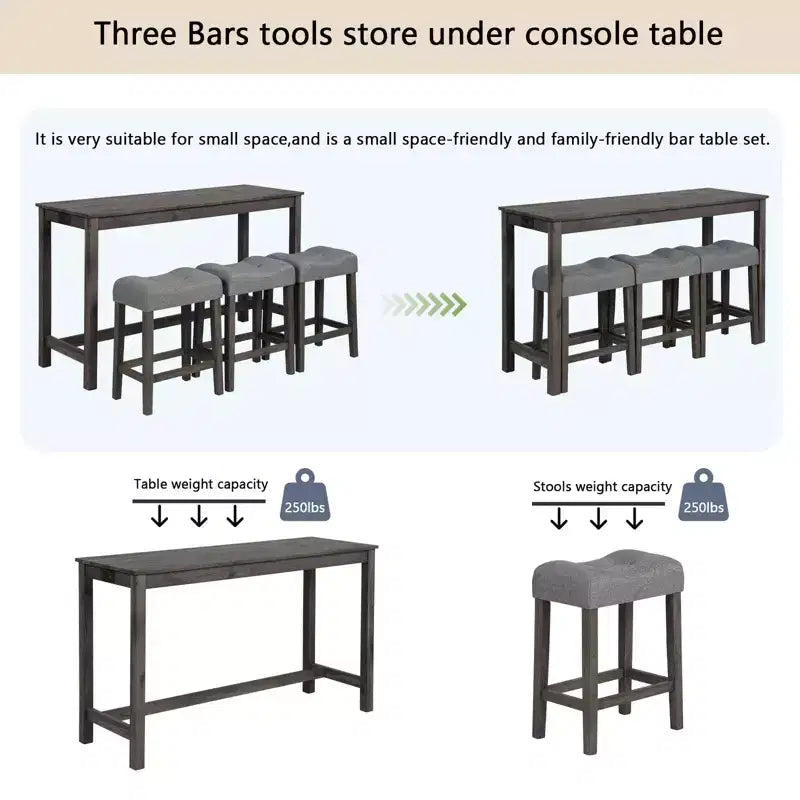 Ensemble de table à manger 4 pièces, table et chaises de bar, ensemble de table de bar avec 3 tabourets rembourrés, marron