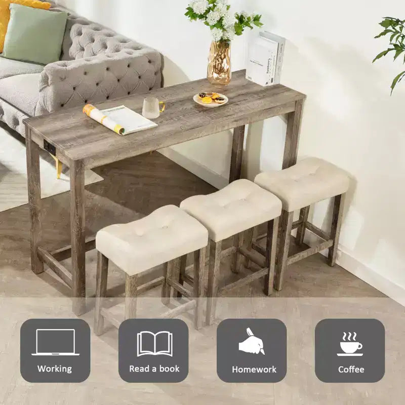 Ensemble de table à manger 4 pièces, table et chaises de bar, ensemble de table de bar avec 3 tabourets rembourrés, marron