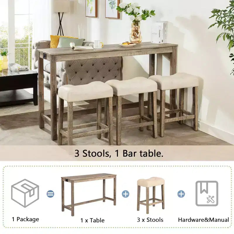 Ensemble de table à manger 4 pièces, table et chaises de bar, ensemble de table de bar avec 3 tabourets rembourrés, marron