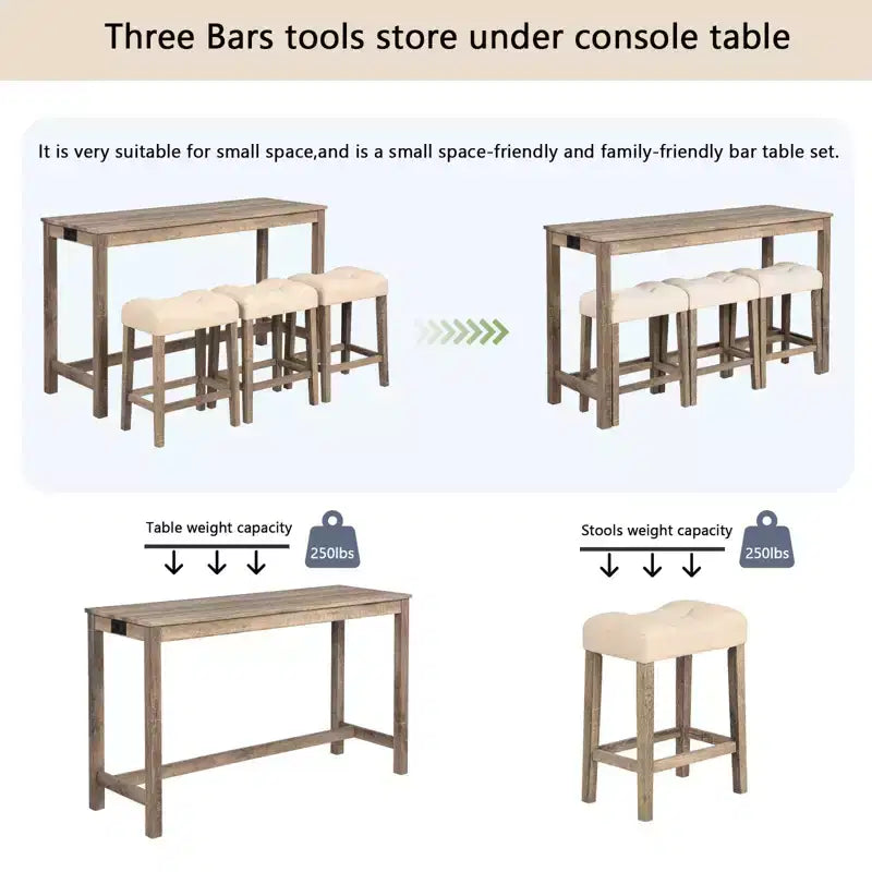 Ensemble de table à manger 4 pièces, table et chaises de bar, ensemble de table de bar avec 3 tabourets rembourrés, marron