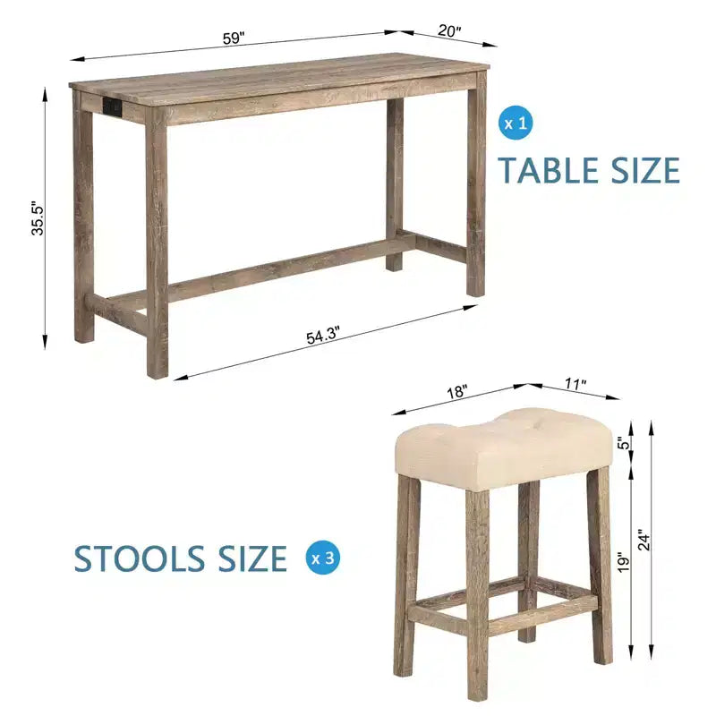 Ensemble de table à manger 4 pièces, table et chaises de bar, ensemble de table de bar avec 3 tabourets rembourrés, marron