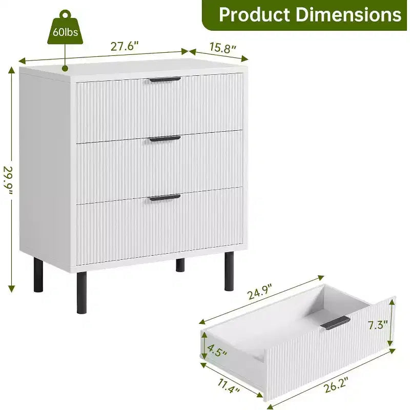 Commode cannelée à trois tiroirs, Meuble de rangement en bois avec tiroirs, Commode de rangement moderne avec pieds en métal, Dispositifs anti-basculement, Chambre, Salon
