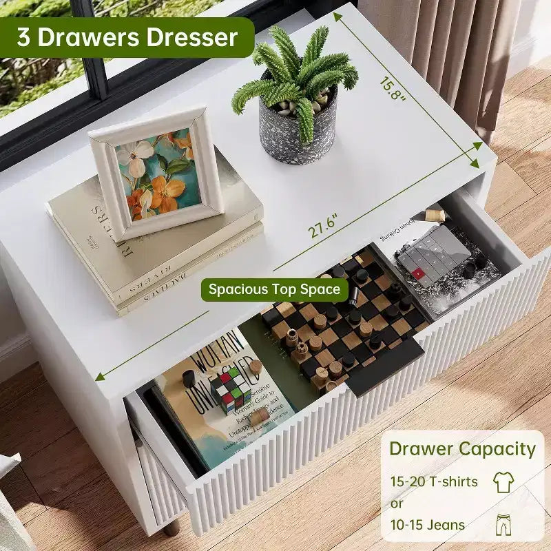 Commode cannelée à trois tiroirs, Meuble de rangement en bois avec tiroirs, Commode de rangement moderne avec pieds en métal, Dispositifs anti-basculement, Chambre, Salon