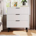 Fluted Dresser with Three Drawers, Wooden Drawer Storage Chest, Modern Storage Chest with Metal Legs, Anti-tip Fixtures, Bedroom, Living Room