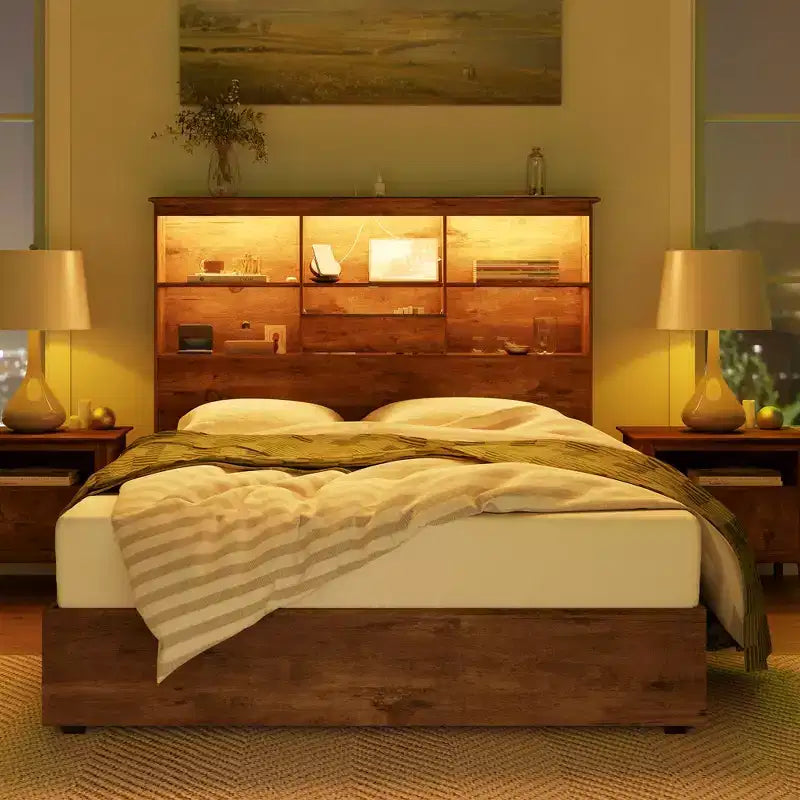 Cadre de lit AMERLIFE avec tête de lit bibliothèque LED, lit de rangement en bois avec 4 tiroirs, station de charge