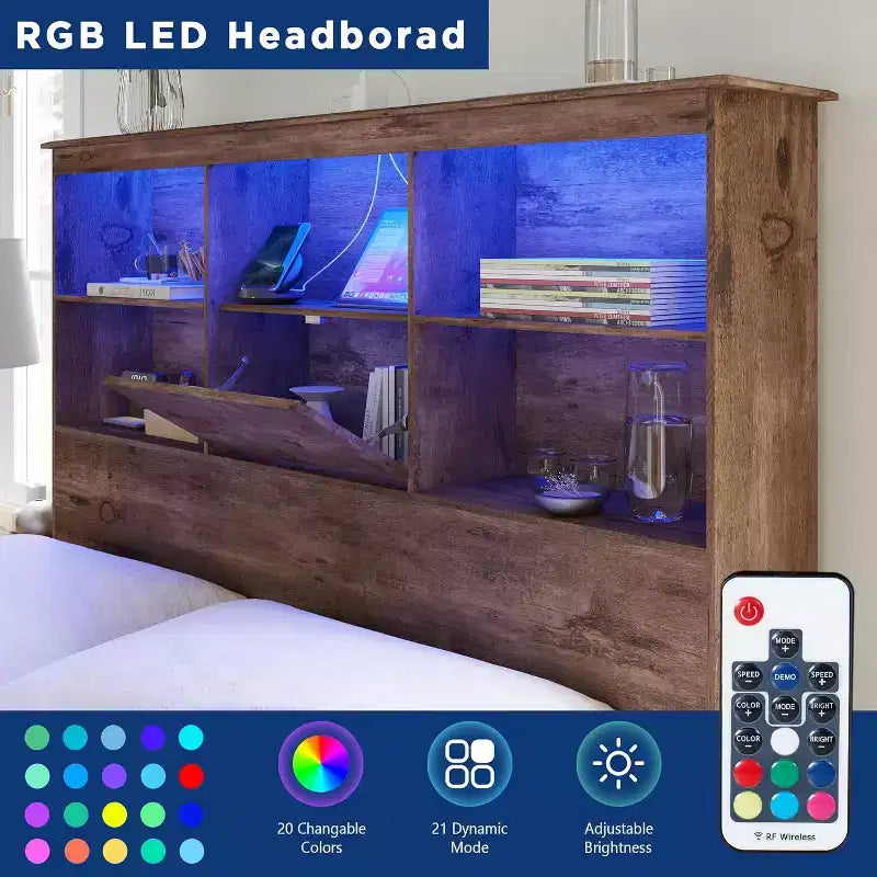 Cadre de lit AMERLIFE avec tête de lit bibliothèque LED, lit de rangement en bois avec 4 tiroirs, station de charge