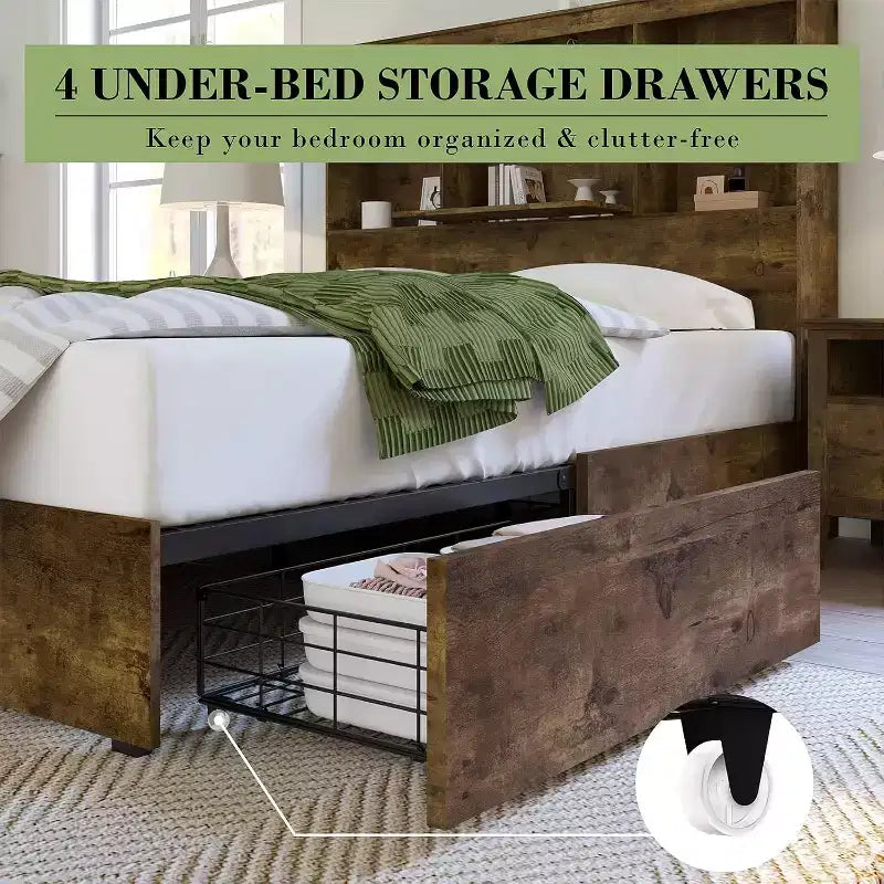 Cadre de lit AMERLIFE avec tête de lit bibliothèque LED, lit de rangement en bois avec 4 tiroirs, station de charge