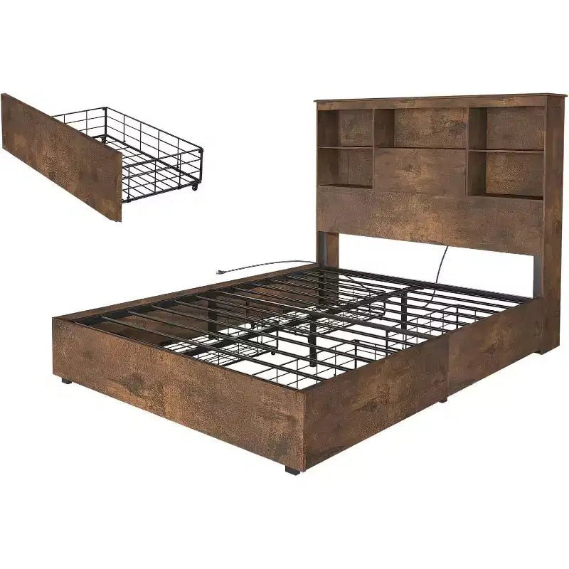 Cadre de lit AMERLIFE avec tête de lit bibliothèque LED, lit de rangement en bois avec 4 tiroirs, station de charge