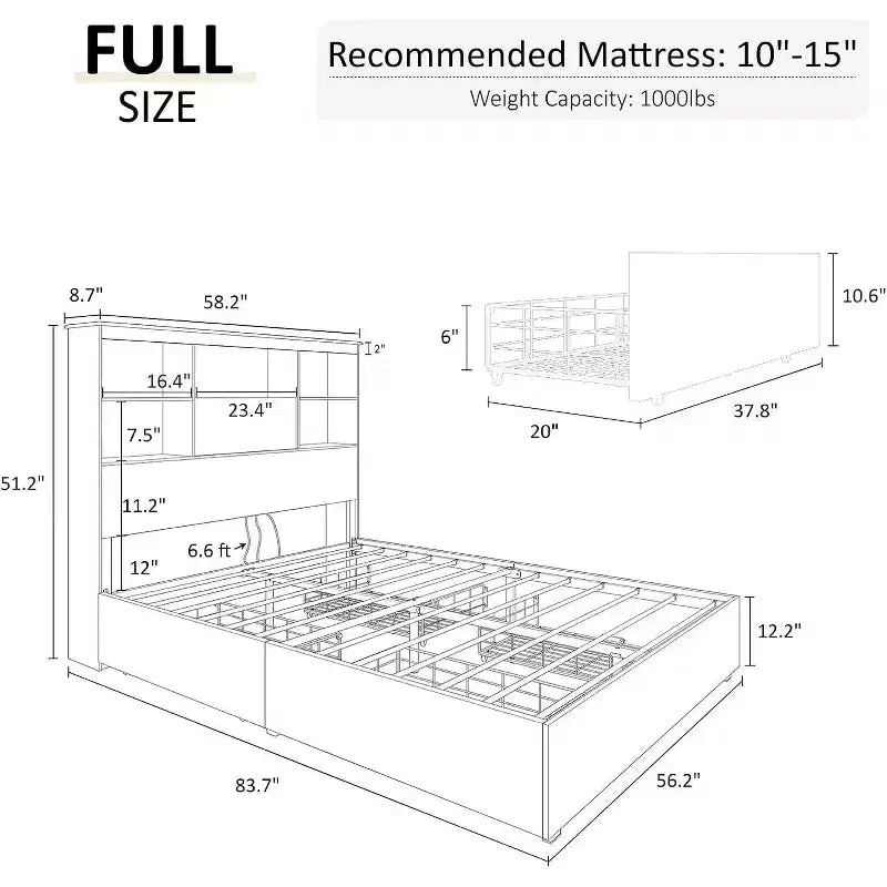 Cadre de lit AMERLIFE avec tête de lit bibliothèque LED, lit de rangement en bois avec 4 tiroirs, station de charge