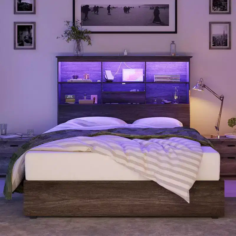 Cadre de lit AMERLIFE avec tête de lit bibliothèque LED, lit de rangement en bois avec 4 tiroirs, station de charge