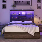 Cadre de lit AMERLIFE avec tête de lit bibliothèque LED, lit de rangement en bois avec 4 tiroirs, station de charge