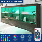 Cadre de lit AMERLIFE avec tête de lit bibliothèque LED, lit de rangement en bois avec 4 tiroirs, station de charge