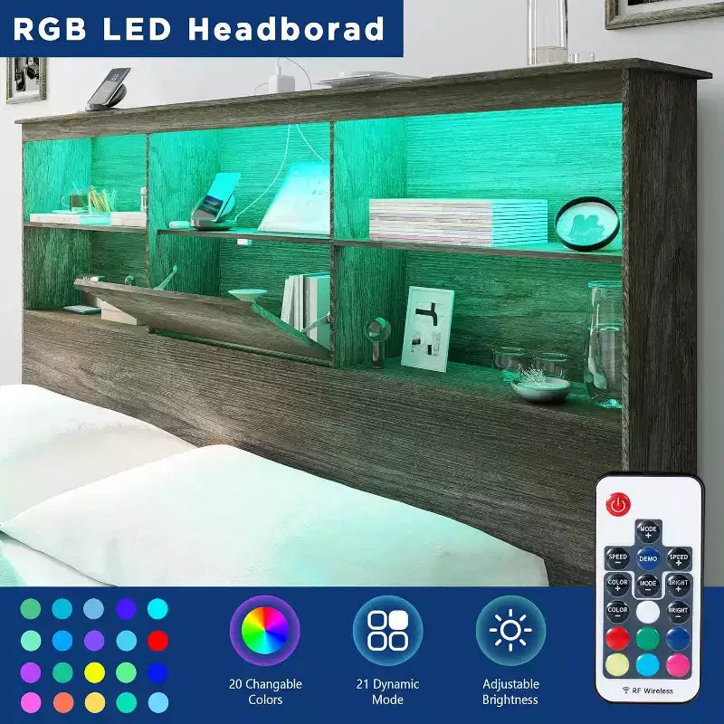 Cadre de lit AMERLIFE avec tête de lit bibliothèque LED, lit de rangement en bois avec 4 tiroirs, station de charge