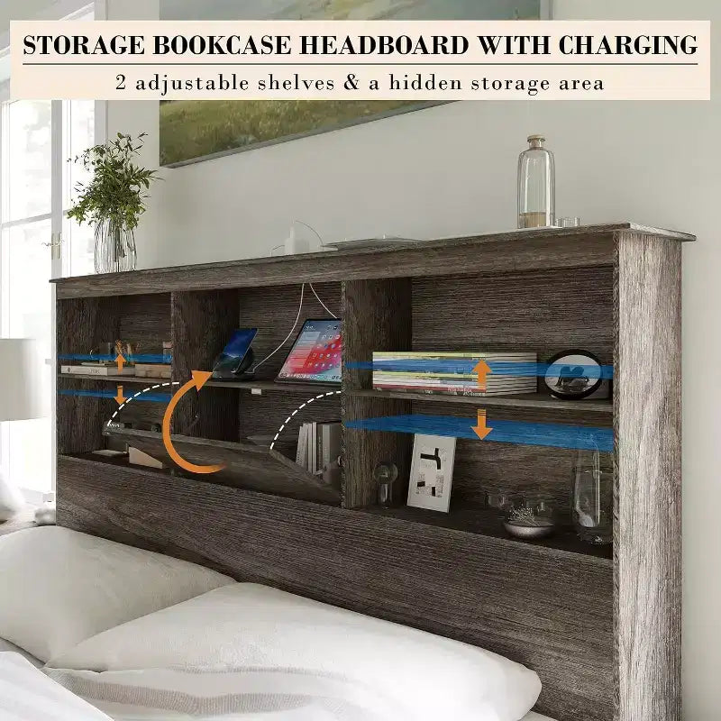 Cadre de lit AMERLIFE avec tête de lit bibliothèque LED, lit de rangement en bois avec 4 tiroirs, station de charge