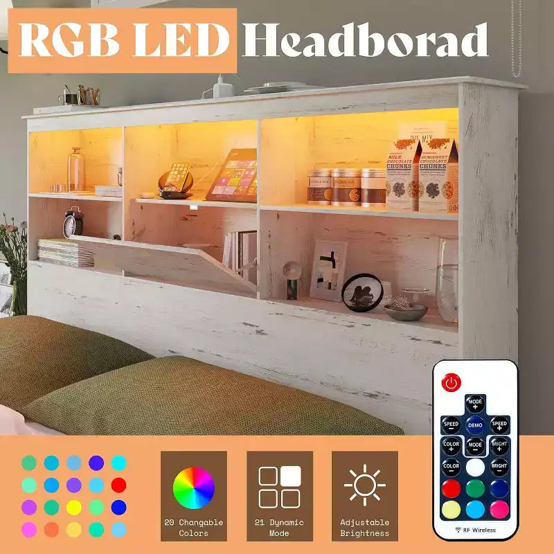 Cadre de lit AMERLIFE avec tête de lit bibliothèque LED, lit de rangement en bois avec 4 tiroirs, station de charge