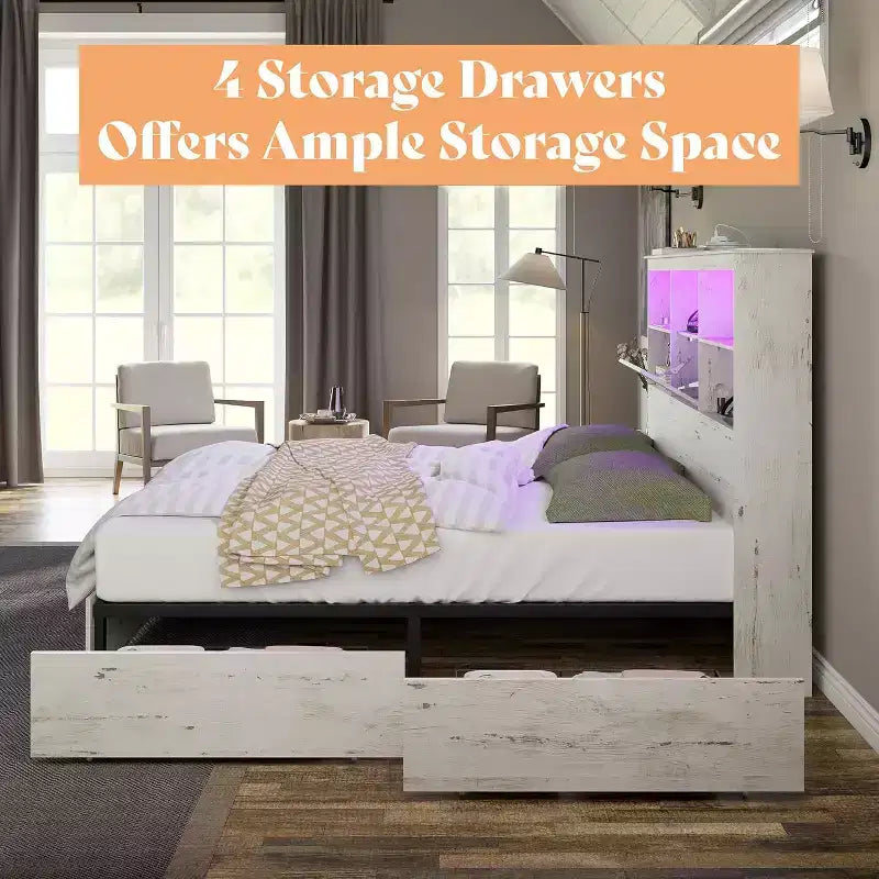 Cadre de lit AMERLIFE avec tête de lit bibliothèque LED, lit de rangement en bois avec 4 tiroirs, station de charge