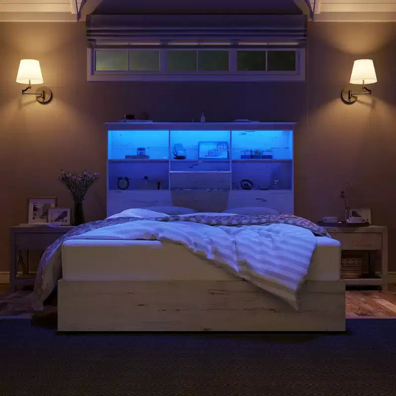Cadre de lit AMERLIFE avec tête de lit bibliothèque LED, lit de rangement en bois avec 4 tiroirs, station de charge