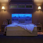 Cadre de lit AMERLIFE avec tête de lit bibliothèque LED, lit de rangement en bois avec 4 tiroirs, station de charge