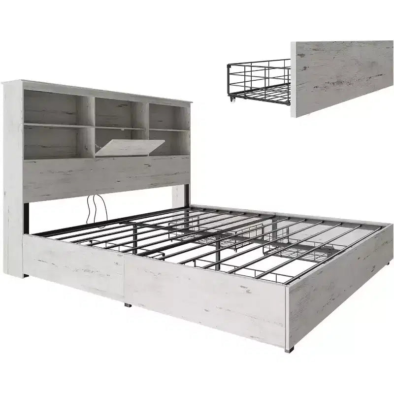 Cadre de lit AMERLIFE avec tête de lit bibliothèque LED, lit de rangement en bois avec 4 tiroirs, station de charge