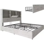 Cadre de lit AMERLIFE avec tête de lit bibliothèque LED, lit de rangement en bois avec 4 tiroirs, station de charge