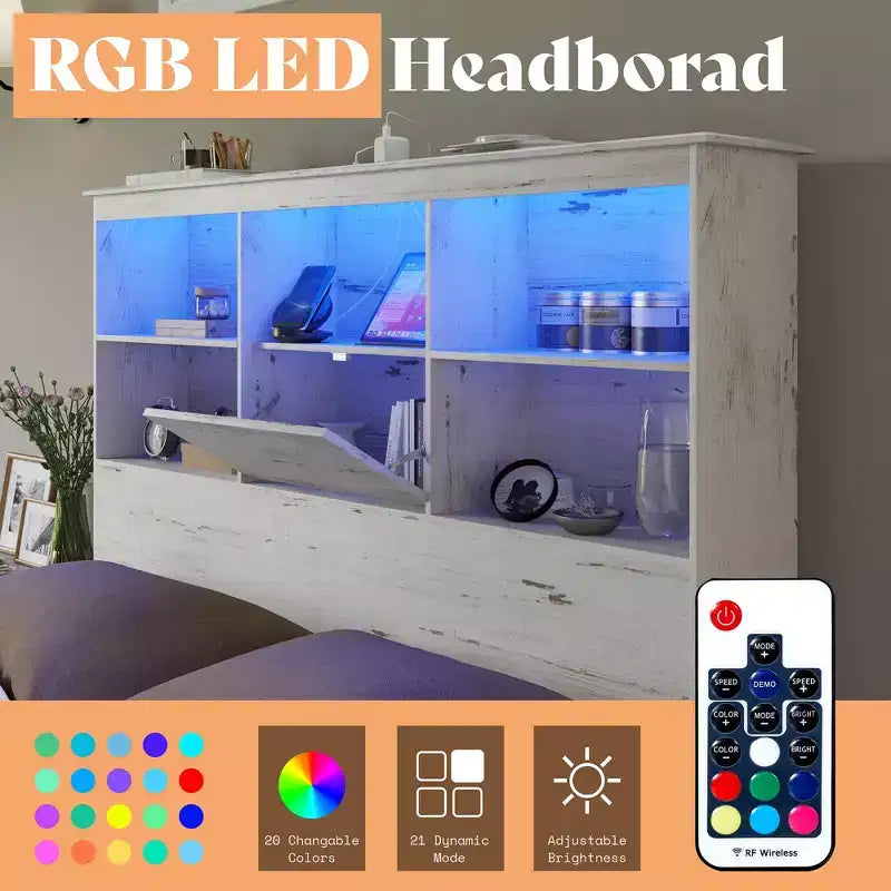 Cadre de lit AMERLIFE avec tête de lit bibliothèque LED, lit de rangement en bois avec 4 tiroirs, station de charge