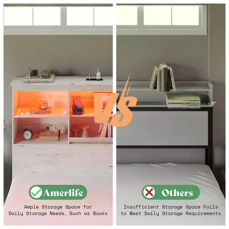 Cadre de lit AMERLIFE avec tête de lit bibliothèque LED, lit de rangement en bois avec 4 tiroirs, station de charge