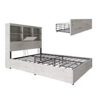 Cadre de lit AMERLIFE avec tête de lit bibliothèque LED, lit de rangement en bois avec 4 tiroirs, station de charge