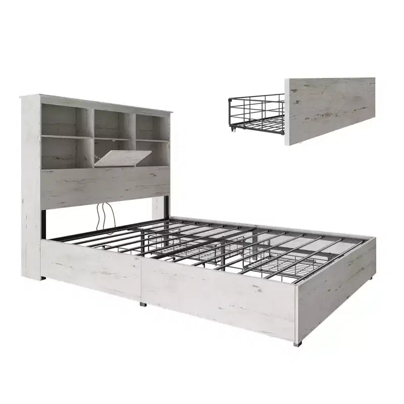 Cadre de lit AMERLIFE avec tête de lit bibliothèque LED, lit de rangement en bois avec 4 tiroirs, station de charge