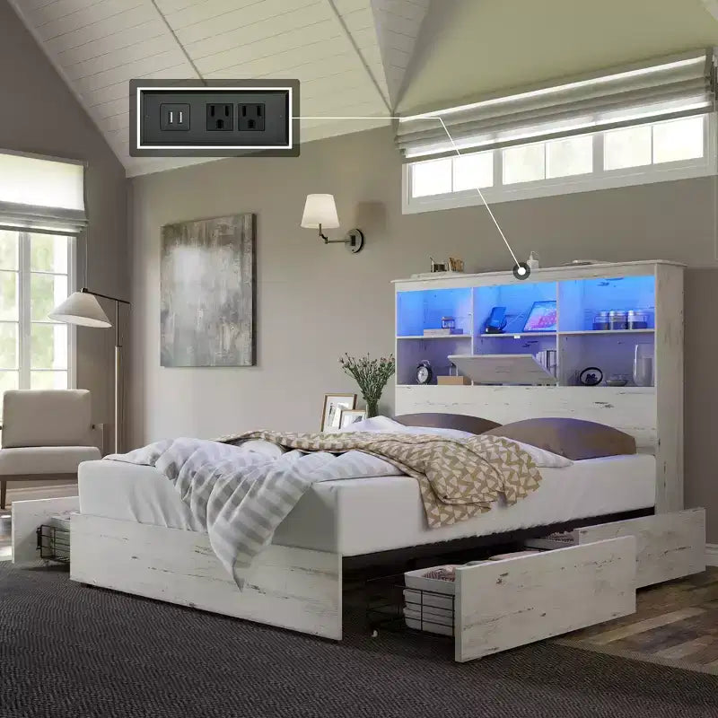 AMERLIFE Bed Frame with LED Bookcase Headboard, Wooden Storage Bed with 4 Drawers, Charging Station