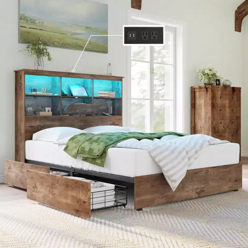 Cadre de lit AMERLIFE avec tête de lit bibliothèque LED, lit de rangement en bois avec 4 tiroirs, station de charge