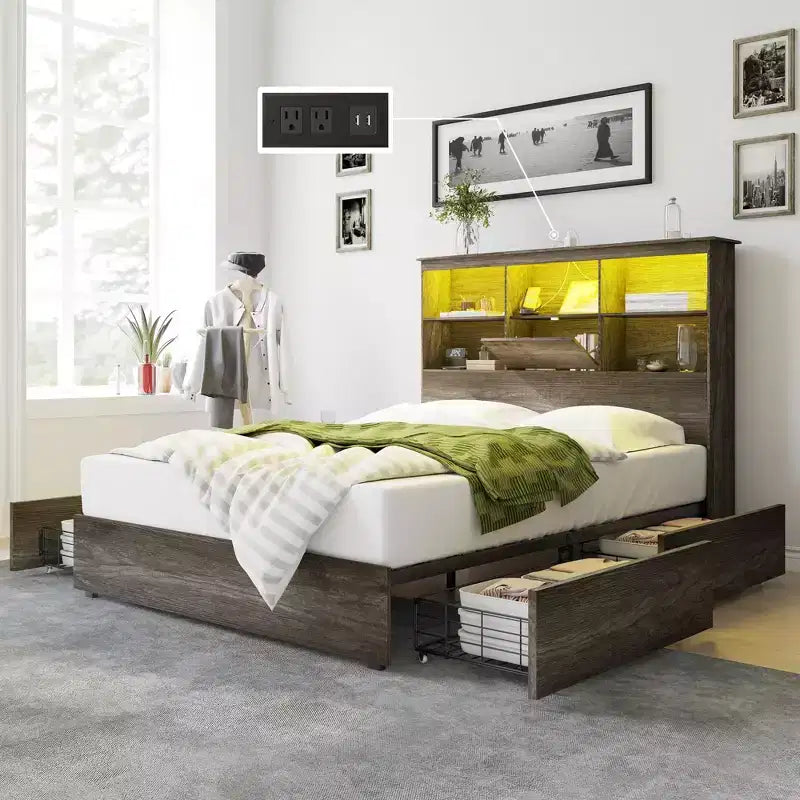 Cadre de lit AMERLIFE avec tête de lit bibliothèque LED, lit de rangement en bois avec 4 tiroirs, station de charge