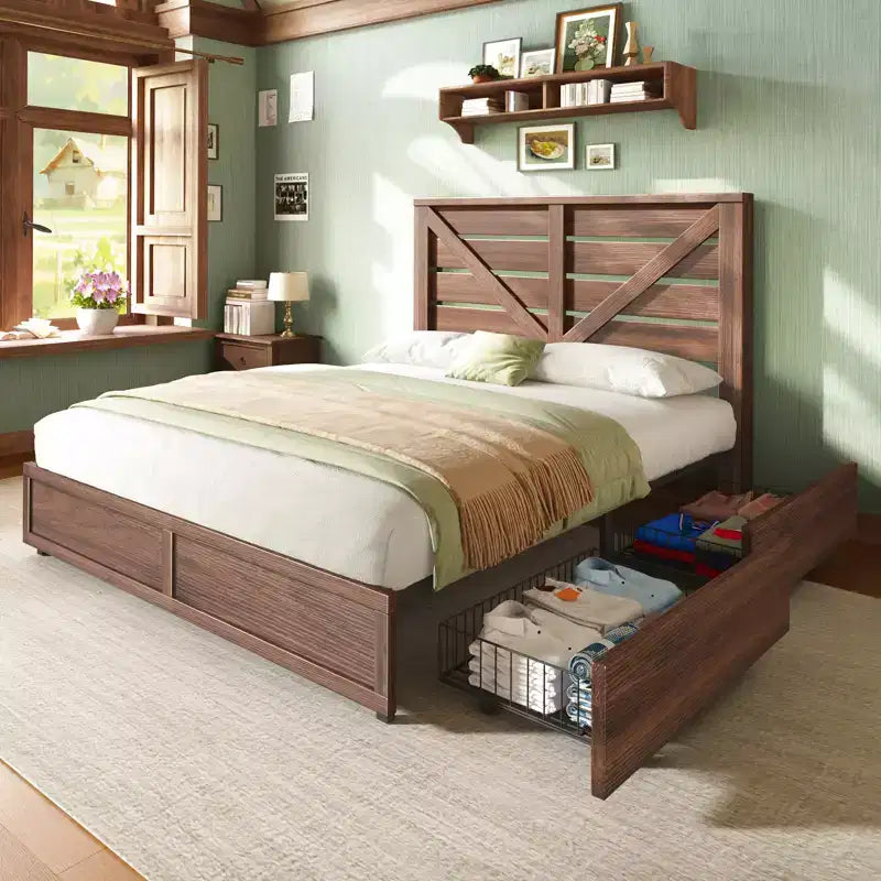 AMERLIFE Farmhouse Bed Frame with 4 Drawers and Headboard