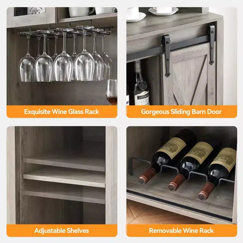 Bar à café de style rustique de 70 po de haut, meuble bar à vin avec portes coulissantes de style grange, étagères de rangement, casier à vin et vaisselier pour cuisine ou salle à manger