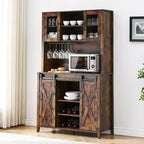 Bar à café de style rustique de 70 po de haut, meuble bar à vin avec portes coulissantes de style grange, étagères de rangement, casier à vin et vaisselier pour cuisine ou salle à manger