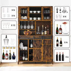Bar à café de style rustique de 70 po de haut, meuble bar à vin avec portes coulissantes de style grange, étagères de rangement, casier à vin et vaisselier pour cuisine ou salle à manger