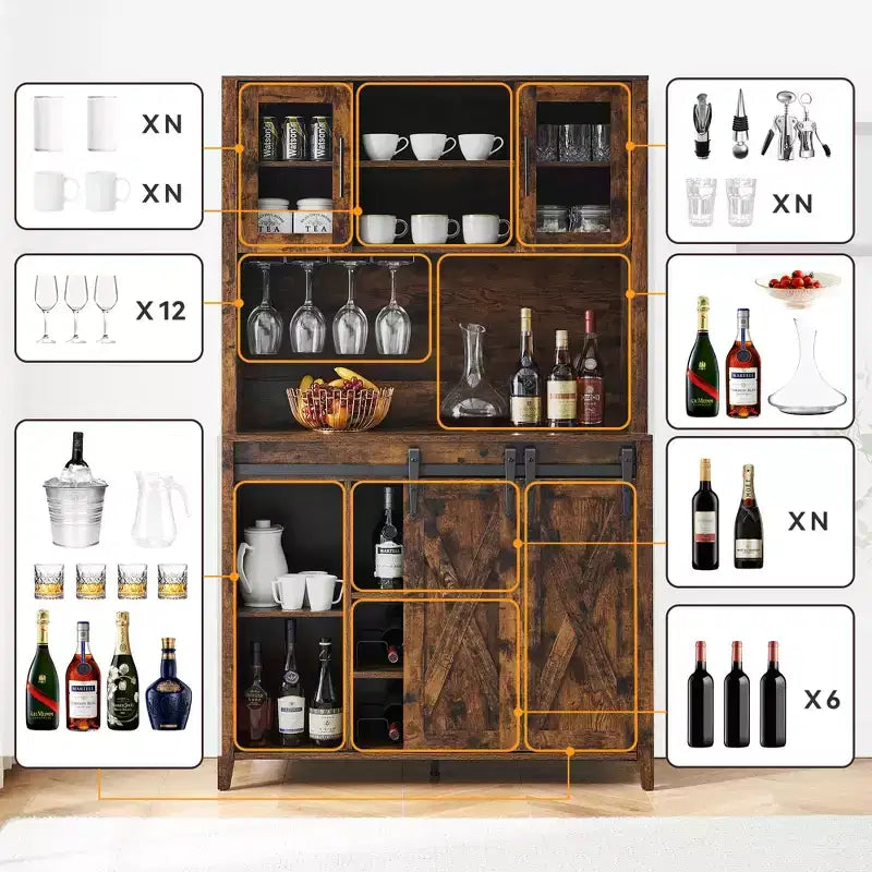 Bar à café de style rustique de 70 po de haut, meuble bar à vin avec portes coulissantes de style grange, étagères de rangement, casier à vin et vaisselier pour cuisine ou salle à manger