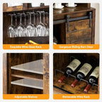 Bar à café de style rustique de 70 po de haut, meuble bar à vin avec portes coulissantes de style grange, étagères de rangement, casier à vin et vaisselier pour cuisine ou salle à manger