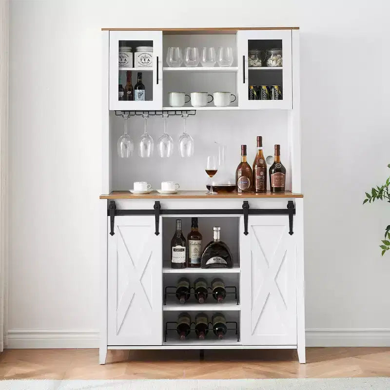Bar à café de style rustique de 70 po de haut, meuble bar à vin avec portes coulissantes de style grange, étagères de rangement, casier à vin et vaisselier pour cuisine ou salle à manger
