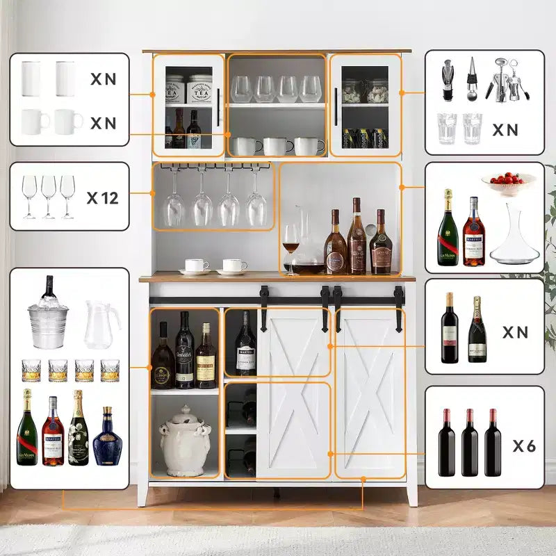 Bar à café de style rustique de 70 po de haut, meuble bar à vin avec portes coulissantes de style grange, étagères de rangement, casier à vin et vaisselier pour cuisine ou salle à manger