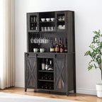 Bar à café de style rustique de 70 po de haut, meuble bar à vin avec portes coulissantes de style grange, étagères de rangement, casier à vin et vaisselier pour cuisine ou salle à manger