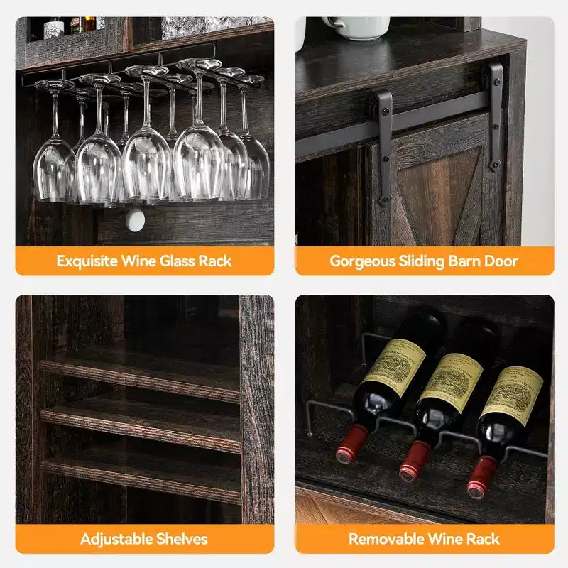 Bar à café de style rustique de 70 po de haut, meuble bar à vin avec portes coulissantes de style grange, étagères de rangement, casier à vin et vaisselier pour cuisine ou salle à manger