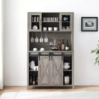 Bar à café de style rustique de 70 po de haut, meuble bar à vin avec portes coulissantes de style grange, étagères de rangement, casier à vin et vaisselier pour cuisine ou salle à manger