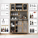 Bar à café de style rustique de 70 po de haut, meuble bar à vin avec portes coulissantes de style grange, étagères de rangement, casier à vin et vaisselier pour cuisine ou salle à manger