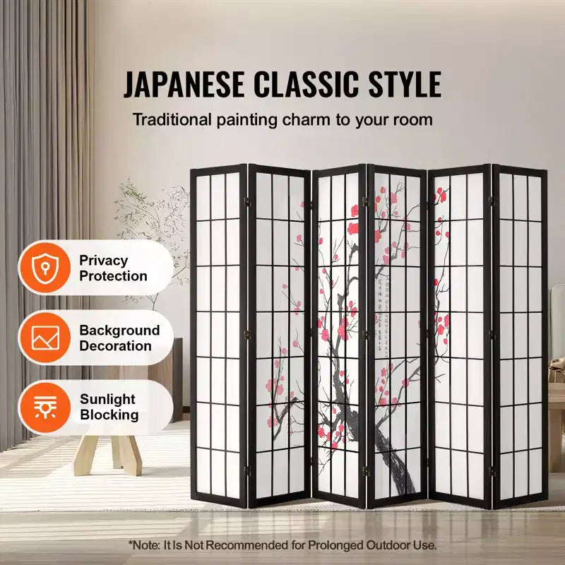 Séparateur de pièce VEVOR, paravent japonais à 6 panneaux, écran d'intimité pliant en bois pour l'intérieur, paravents décoratifs portables noirs style japonais