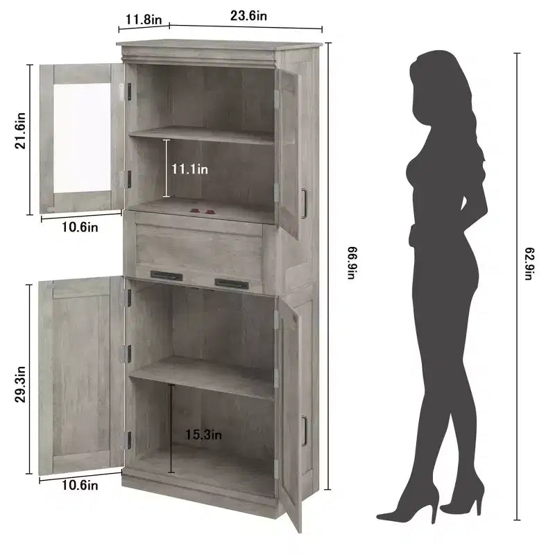 Meuble haut de 170 cm avec 4 portes et tiroir en verre basculant, Armoire de rangement avec étagères réglables, Organisateur autoportant pour cuisine, cellier, salon