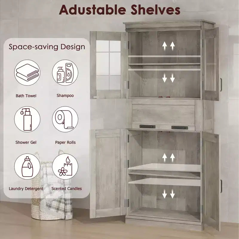 Meuble haut de 170 cm avec 4 portes et tiroir en verre basculant, Armoire de rangement avec étagères réglables, Organisateur autoportant pour cuisine, cellier, salon